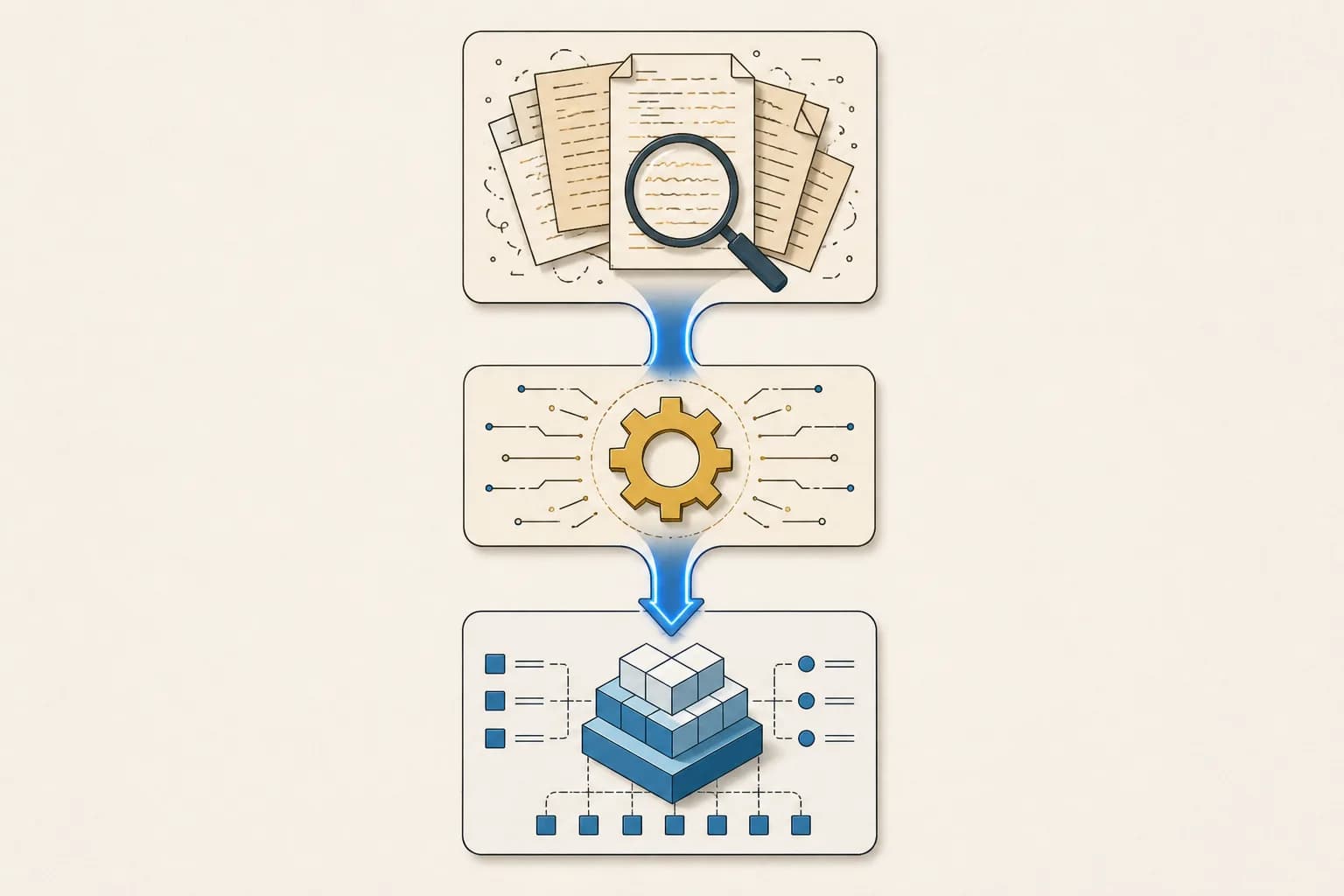 Clarity Retrofit pipeline in 3 steps as a vertical editorial infographic: Extraction (magnifying glass over chaotic documents), Injection (gear with rule lines), Refactoring (clean modular block structure). decivo style.