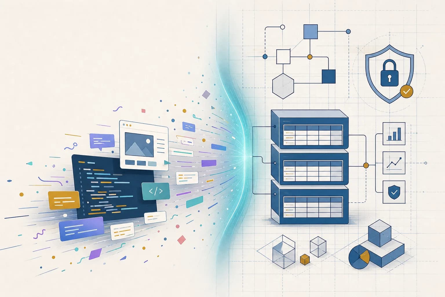 Vibe Coding: From prototype to product 2026 as an editorial infographic. Split-screen with chaotic AI prototype on the left and clean production architecture on the right — transition visualisation in decivo style.