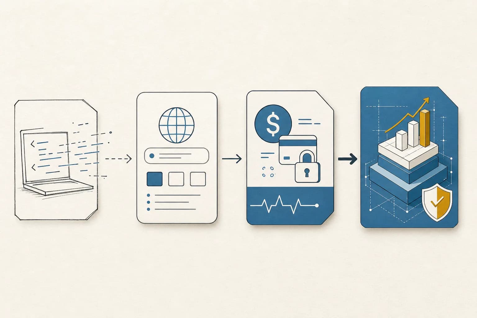 Vibe coding maturity scale in 4 stages as a horizontal editorial infographic: Prototype (laptop sketch) → Demo (globe + URL) → MVP (lock + heartbeat) → Product (trend graph + shield). decivo style with brand blue and warm off-white.