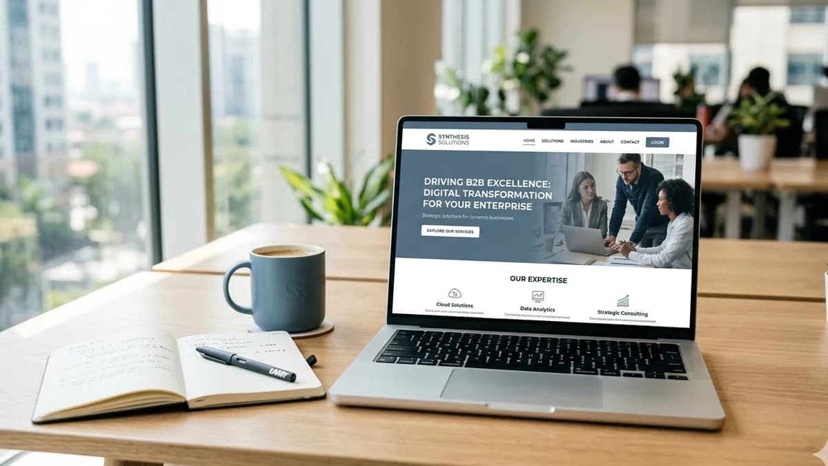 Laptop auf einem modernen Schreibtisch zeigt eine professionelle B2B Corporate Website mit klarer Seitenstruktur, Hero-Bereich und Leistungsübersicht