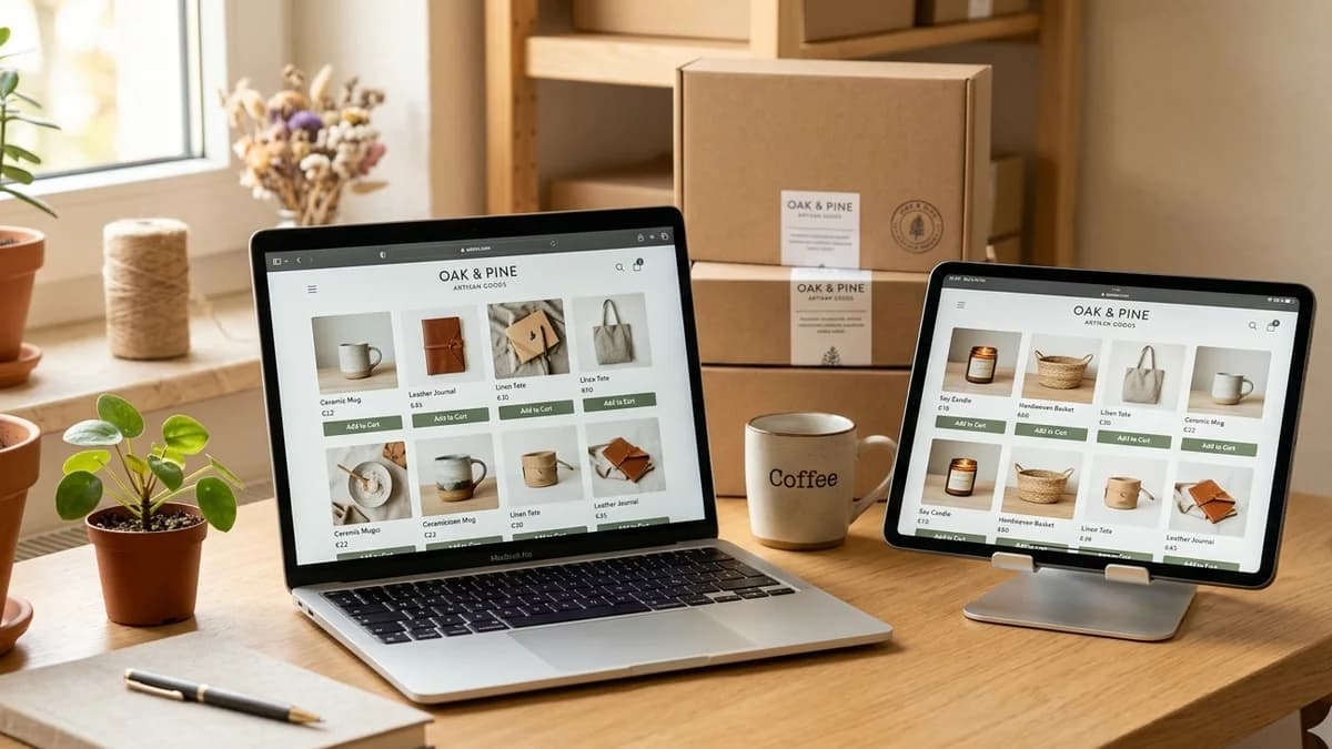Laptop und Tablet auf einem Schreibtisch zeigen einen strukturierten Online-Shop mit Produktkatalog, Warenkorb-Buttons und Versandverpackungen im Hintergrund
