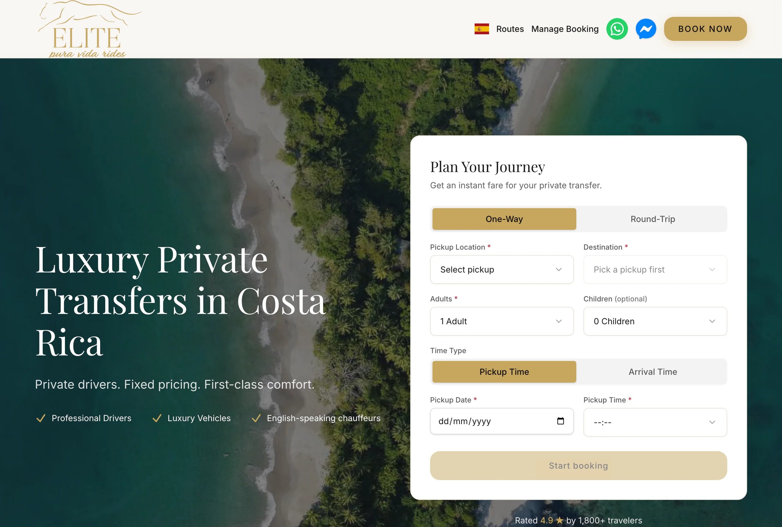 Live booking page of Elite Pura Vida Rides at elitepuravida.co.cr