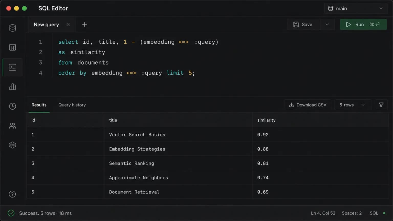 Screenshot: pgvector in einem bestehenden Supabase-Postgres — Similarity-Query mit Top-Treffern und Antwortzeit im Result-Panel.