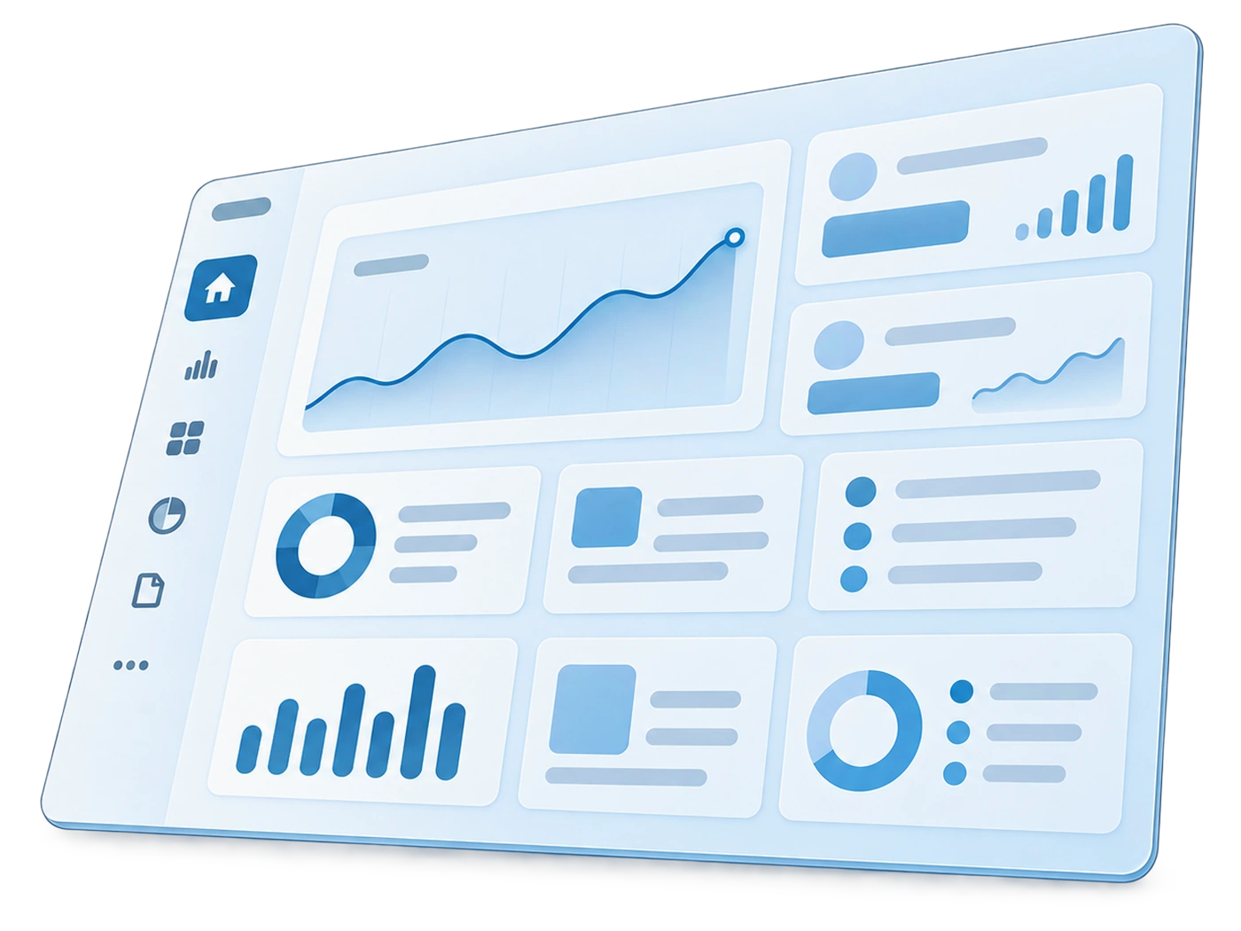 Illustration: an app's surface — charts, cards and menu, the way users see it