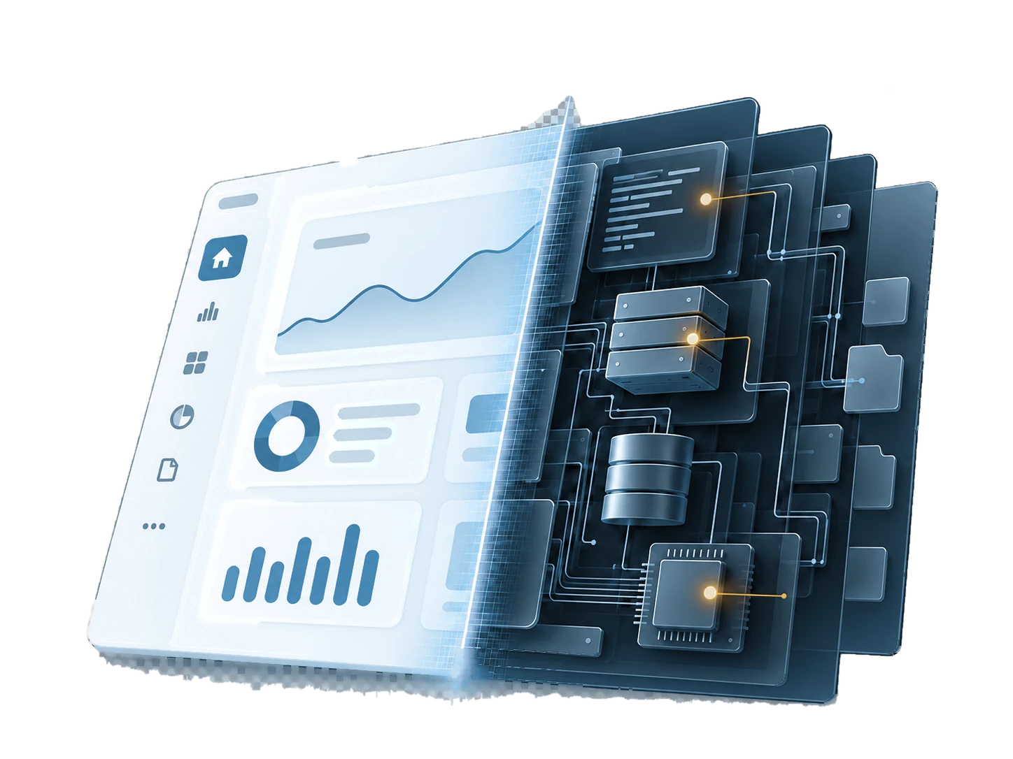 App-Oberfläche, dahinter die technischen Ebenen: Code, Server, Datenbank — Illustration