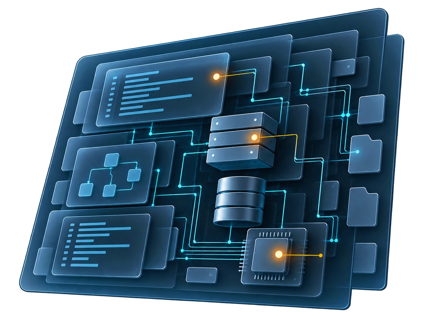 The same app from the inside: code, servers, database and interfaces wired together, with three spots marked